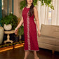 Maroon block printed sleeveless dress with hand block printed floral side panel, off-white accents, and pearl embellishments for a refined, elegant look.