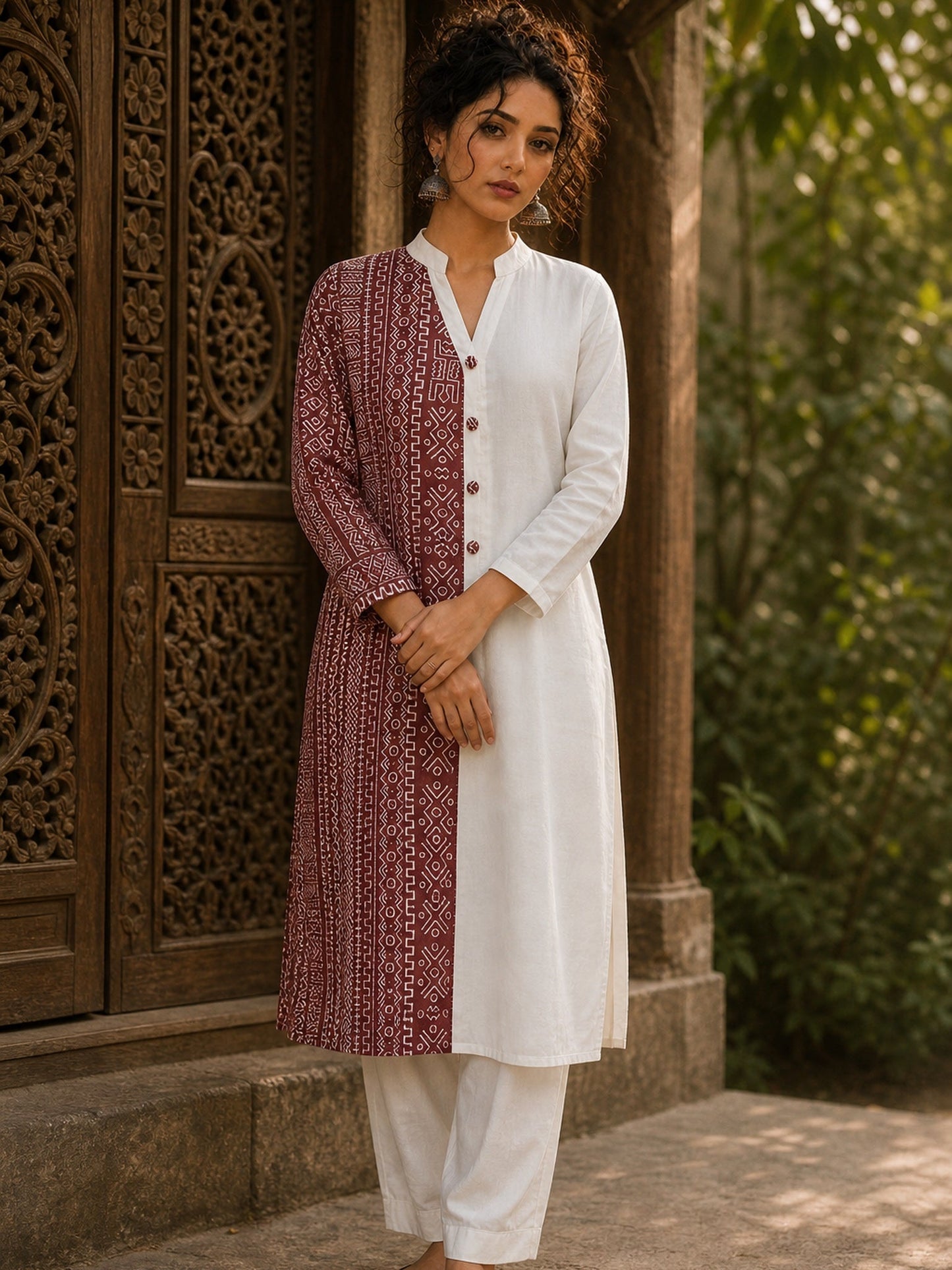 Vivid Dusty Pink & Ivory Half & Half Kurta with Tribal Print Panel & Contrast Button Placket