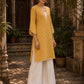 Radiant Mustard All-Over Booti Print Viscose Short Kurta with Pearl Studded Neckline & Hakoba Yoke