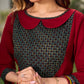 Chic maroon dress featuring a contrasting teal neck patch with charming Peter Pan collar details