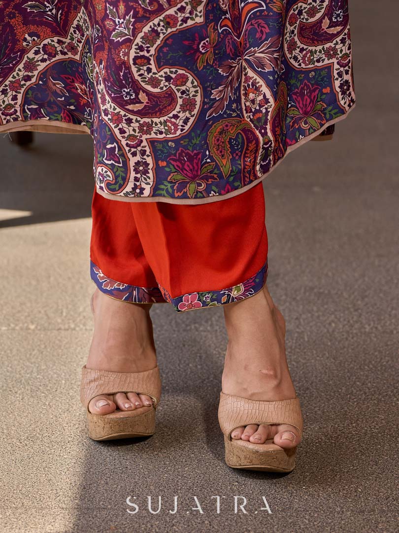Stunning royal blue printed kurta adorned with handcrafted zardozi and sequin detailing on the keyhole neck.