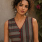 Distinctive Grey and maroon hand block print top featuring bold striped motifs, an asymmetric overlap silhouette, and artisanal detailing, bringing contemporary charm to effortless everyday dressing.