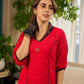 Elegant red dress featuring delicate, hand-painted Madhubani lotus motif detailing.