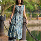 Artisan Indigo Floral Kurta with Black Mirror Work and Pleated Yoke Silhouette