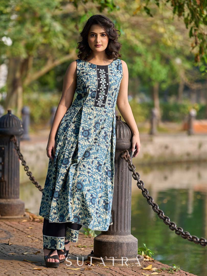 Artisan Indigo Floral Kurta with Black Mirror Work and Pleated Yoke Silhouette