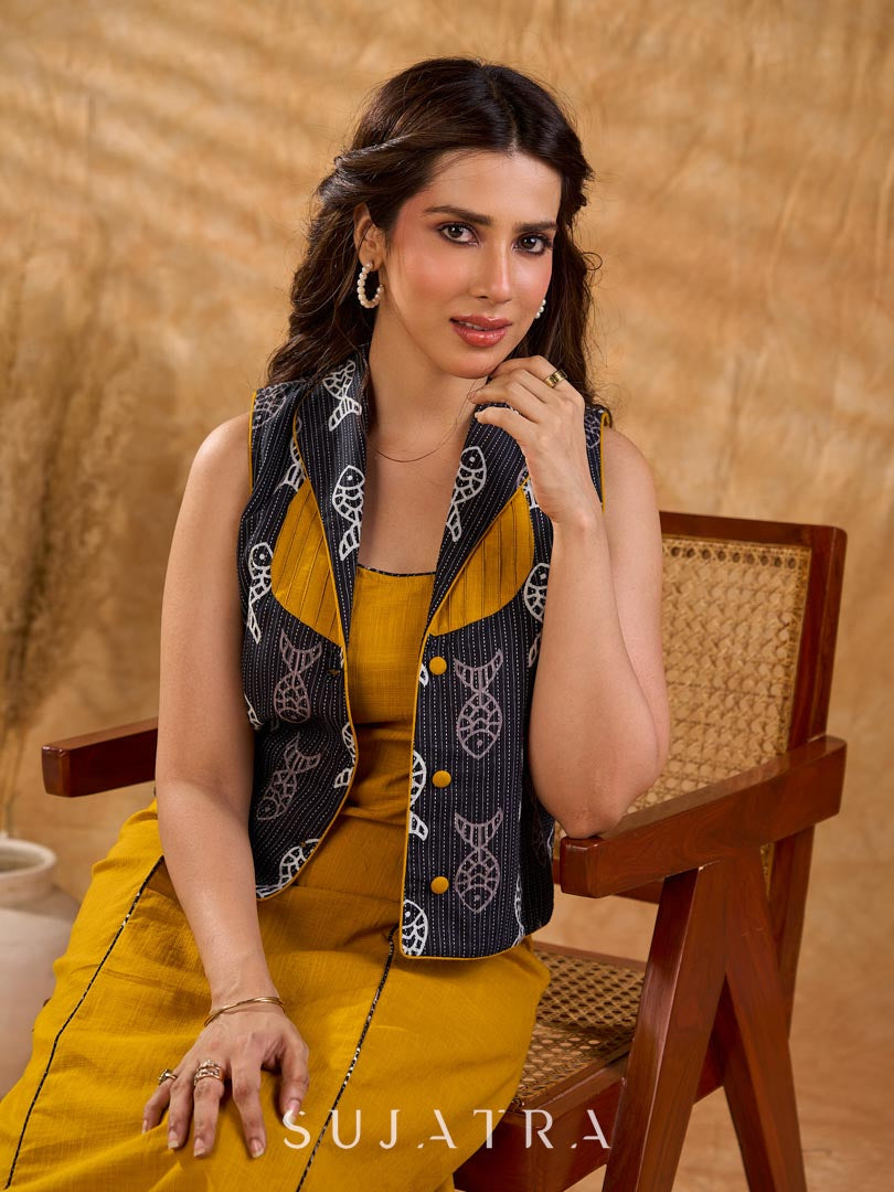 Tailored black Kantha jacket featuring fish motifs, a mustard pintuck patch, and a flipped collar, offering a structured silhouette with refined detail and distinctive, contemporary character.