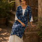 Bold Navy Blue Floral Print Kurta with Ivory Hakoba Cuffs & Pearl Embellished Placket