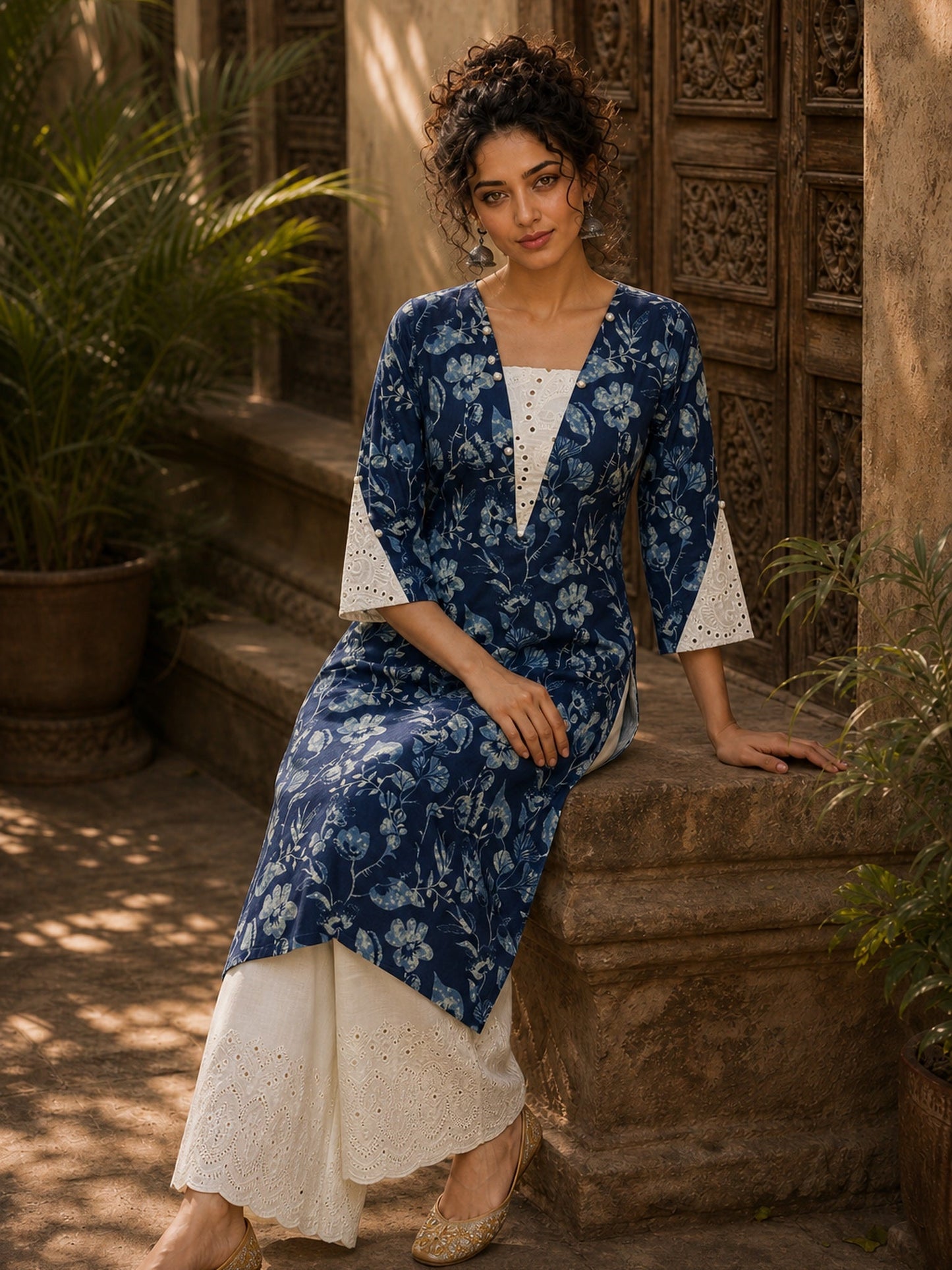 Bold Navy Blue Floral Print Kurta with Ivory Hakoba Cuffs & Pearl Embellished Placket