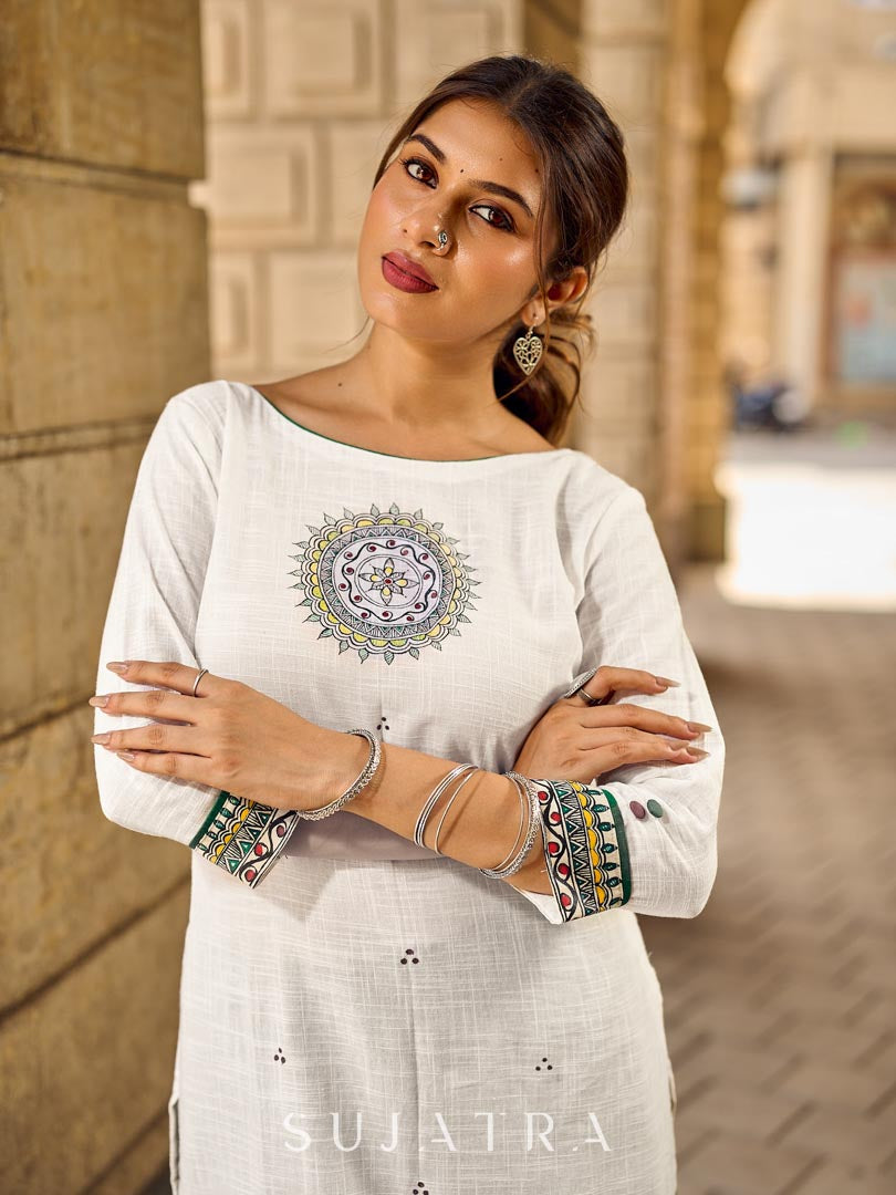 Cultural White Cotton Kurta with Traditional Madhubani Painting on Front & Sleeves