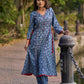 Indigo Printed A-Line Kurta with Waist-Defining Side Strings and Maroon Detailing