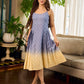 Dreamy grey-to-yellow ombré dress featuring delicate hakoba and graceful pleated detailing.
