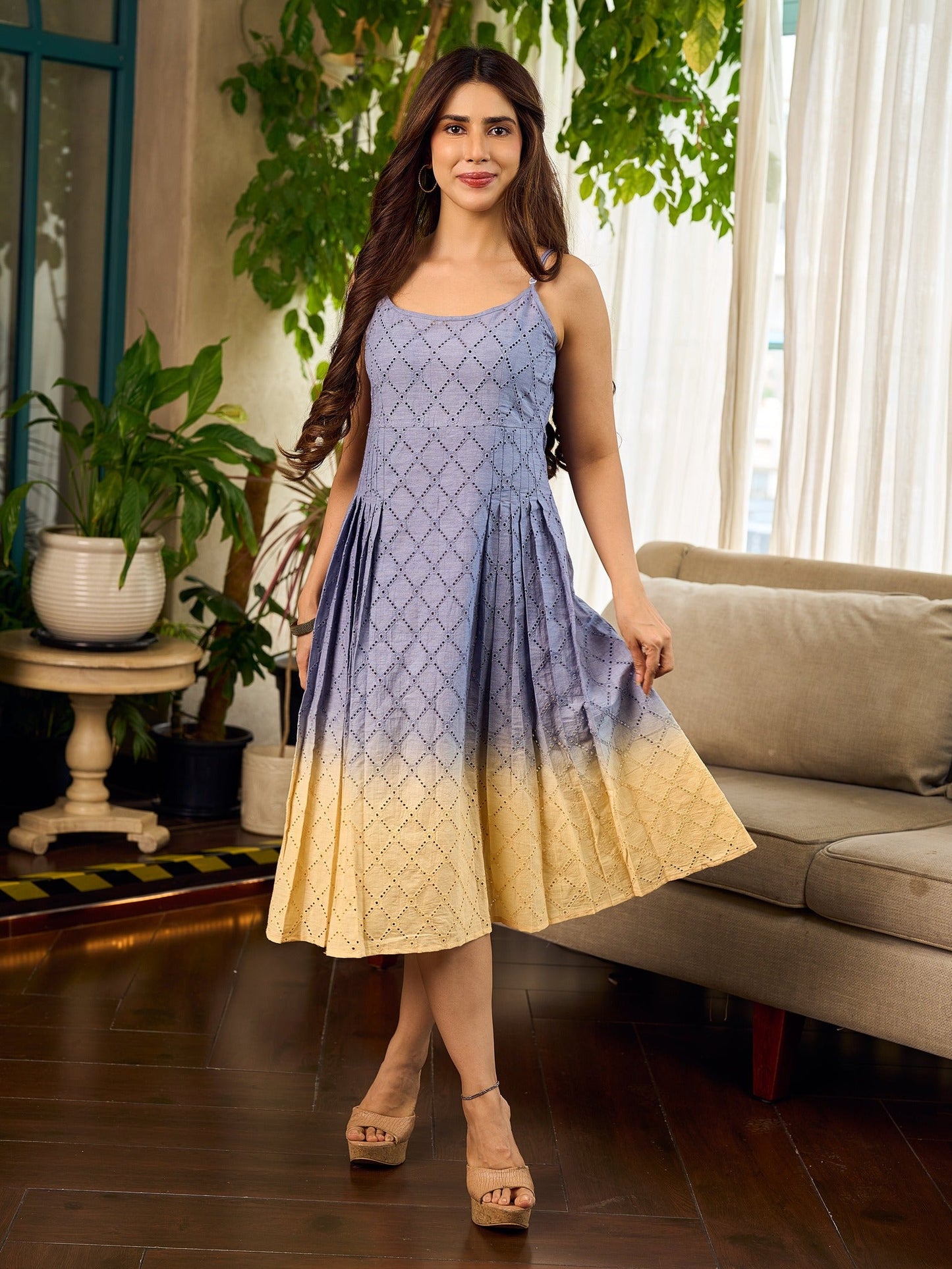 Dreamy grey-to-yellow ombré dress featuring delicate hakoba and graceful pleated detailing.