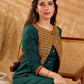 Sophisticated bottle green and mustard Ikat jacket featuring an overlapping neckline closure, front-open design, and rich maroon accents, offering a composed, tailored silhouette for corporate wear.