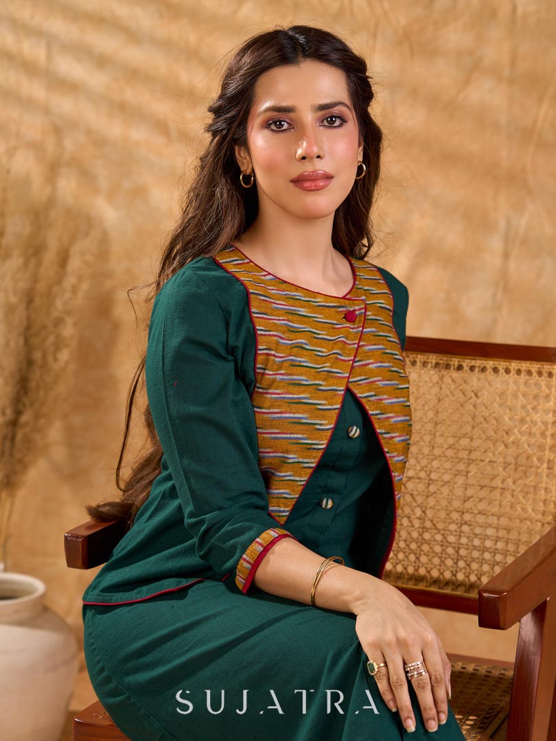 Sophisticated bottle green and mustard Ikat jacket featuring an overlapping neckline closure, front-open design, and rich maroon accents, offering a composed, tailored silhouette for corporate wear.