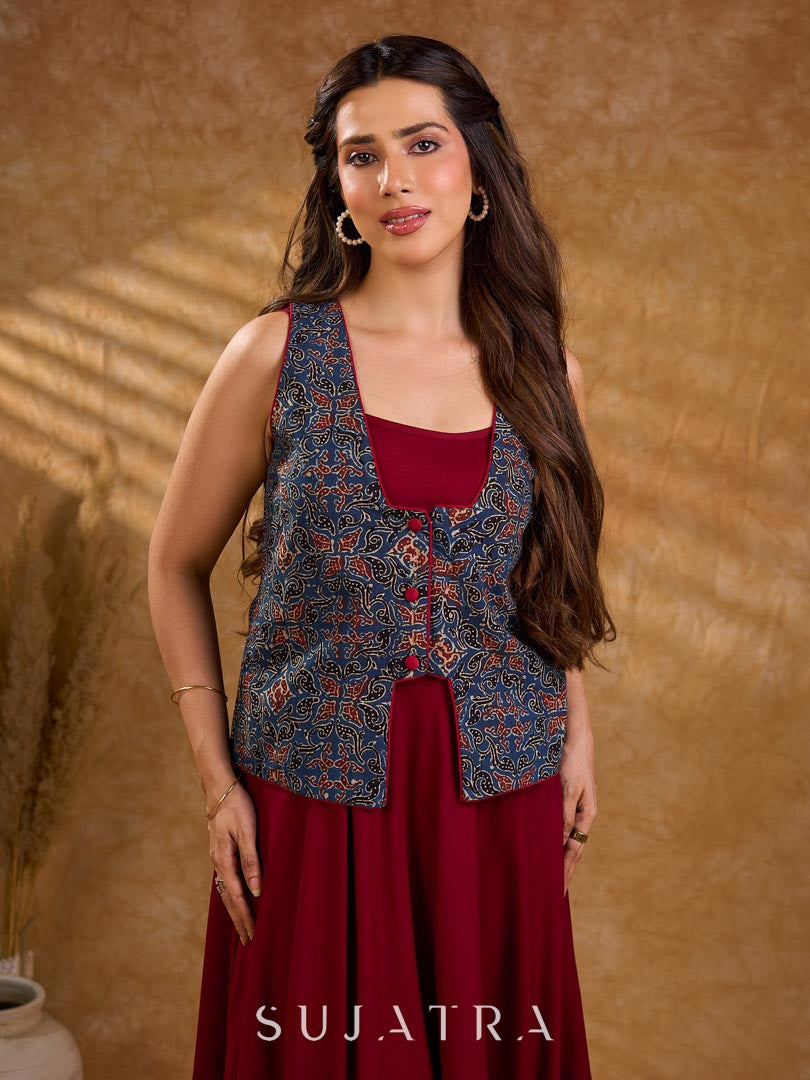 Handcrafted Ajrakh sleeveless jacket featuring front flaps, maroon detailing, breathable fabric, and a contemporary ethnic fusion appeal.