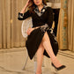 Chic black overlapping blazer-style wrap dress featuring printed black-and-white collar, cuffs, tie detail, and subtle accents
