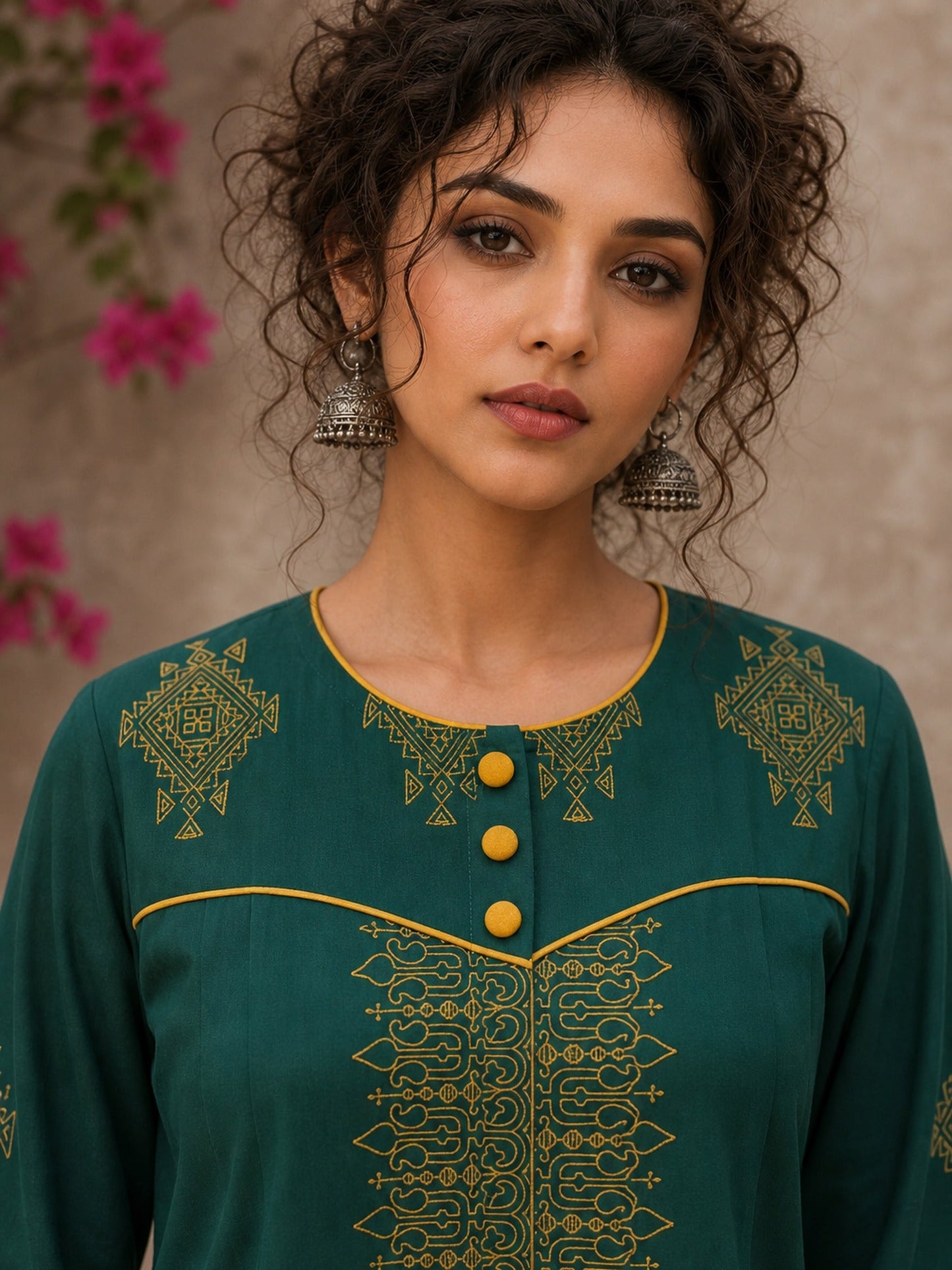 Enchanting bottle green tunic featuring a refined, rhythmic Block print motifs, vibrant mustard accents, and a graceful aesthetic.