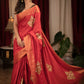 Red cotton silk saree with heavy embroidered motifs