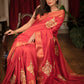 Red cotton silk saree with heavy embroidered motifs