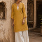 Radiant Mustard All-Over Booti Print Viscose Short Kurta with Pearl Studded Neckline & Hakoba Yoke