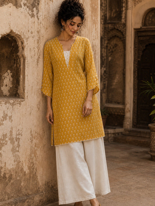 Radiant Mustard All-Over Booti Print Viscose Short Kurta with Pearl Studded Neckline & Hakoba Yoke
