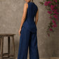 Indigo fish-print crossover sleeveless top featuring a mirror-laced Mandarin collar and beautifully scalloped cut hem.