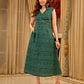 Teal Printed Sleeveless Crossover Midi Designed in a rich teal print, highlighting a crisp notched collar, defined wrap waist, and a fluid flared silhouette.