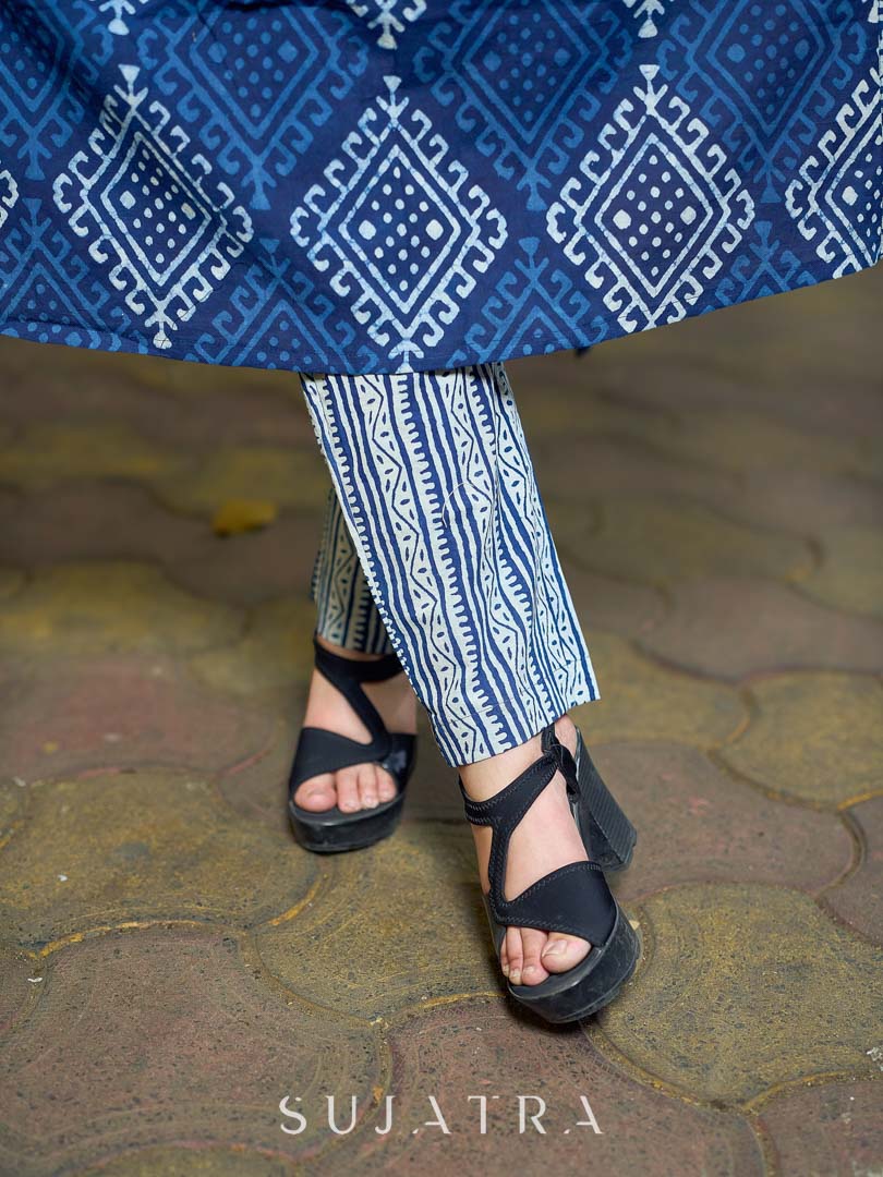 Deep Indigo Abstract Kurta Featuring Diamond Prints, Blue Mirror Lace Accents and Soft Front Gathers