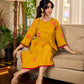 Mustard block printed pintuck dress with hand block red and pink vine floral motifs, accented with red and olive details for a rich, elegant look.
