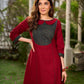Chic maroon dress featuring a contrasting teal neck patch with charming Peter Pan collar details