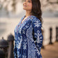 Indigo Floral Kurta with Playful Stripe Print and Magenta Hand Mirror Work on Overlapping Neckline