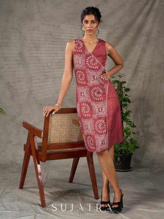 Terracotta warli printed overlap dress with off white accents