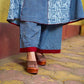 Indigo Alternating Kali Kurta with Floral & Zigzag Prints, Maroon Accents and Handcrafted Mirror Work