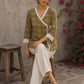 Mustard Jaipur cotton wrap-style Angarkha top with off-white Hakoba cuffs and graceful contrast accents.