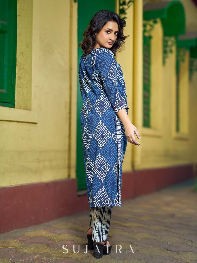 Deep Indigo Abstract Kurta Featuring Diamond Prints, Blue Mirror Lace Accents and Soft Front Gathers