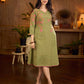 Muted pista hand block printed dress with delicate cascading hand block floral motifs and soft pink accents for a graceful, elegant, and refreshing everyday look.