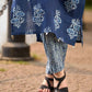 Indigo Bloom Print Kurta with Asymmetric Stripe Panel and Coin Embellishments