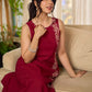 Maroon block printed sleeveless dress with hand block printed floral side panel, off-white accents, and pearl embellishments for a refined, elegant look.