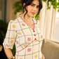 Soft off-white block printed rayon dress with intricate all-over hand block printed checks and florals, a gently gathered yoke, and rich red accents for a refined, elegant everyday look.
