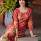 Amber crimson blossom printed kurta with golden pearl handwork on the yoke and dainty tie-up neck details.