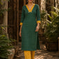Classic Green Ikat Cotton Straight Kurta with Contrast Mustard V-Neckline & Scalloped Cuff Band
