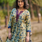Artisan Indigo Kurta with Animal Motifs, Overlapping Neck and Handcrafted Maroon Mirror Detailing