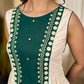 Bottle green and off-white hand block printed sleeveless dress with a block printed geometric panel, pearl embellishments, and refined accents for a contemporary artisanal look.