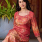 Amber crimson blossom printed kurta with golden pearl handwork on the yoke and dainty tie-up neck details.