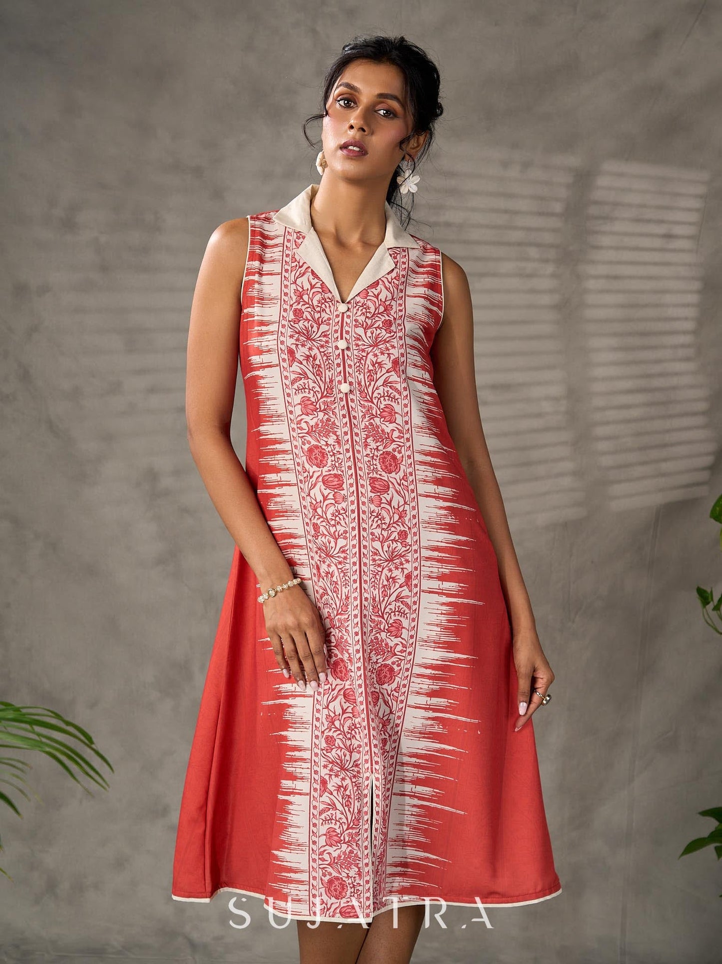Brick Orange shirt dress with timeless traditional prints, off white notch collar and off white accents