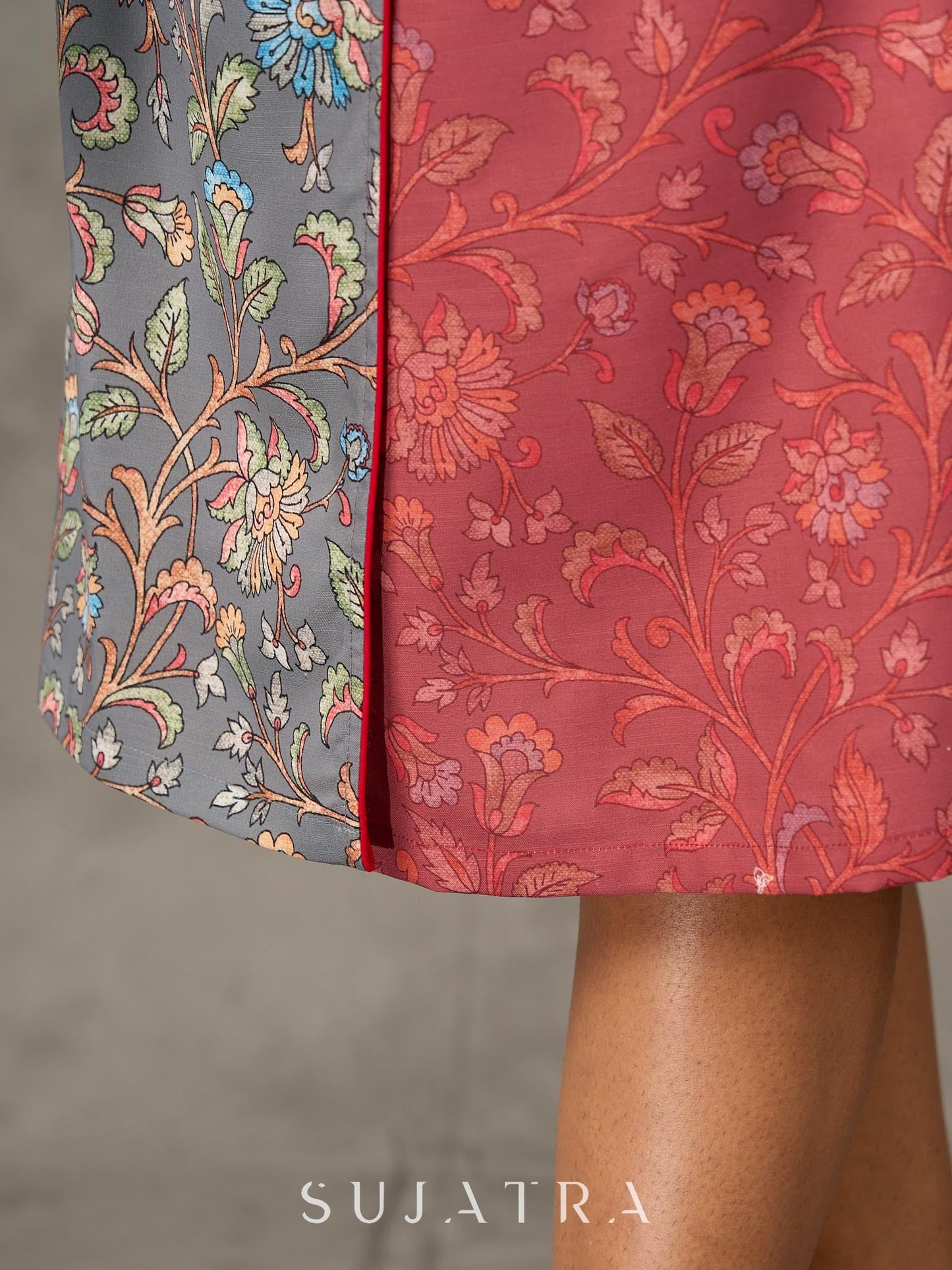 Grey and Rust Kalamkari inspired floral vine printed overlap dress with red accents