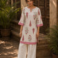 Ivory Straight Cotton Short Kurta with Pink Botanical Block Print & Contrast Scalloped Hem & Sleeve Cuffs