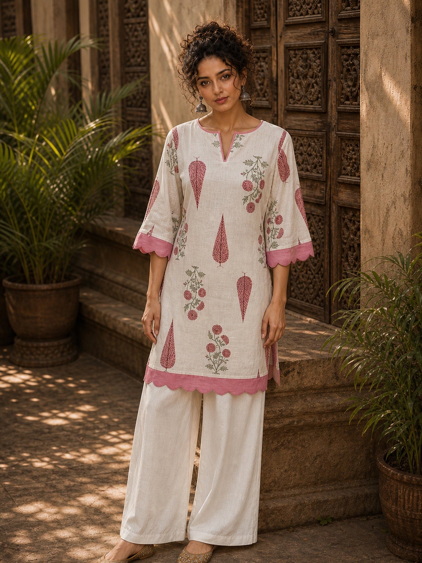 Ivory Straight Cotton Short Kurta with Pink Botanical Block Print & Contrast Scalloped Hem & Sleeve Cuffs
