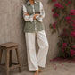 Off-white cotton shirt with pastel green Jaipur jaal print body and contrasting motif-printed sleeves.