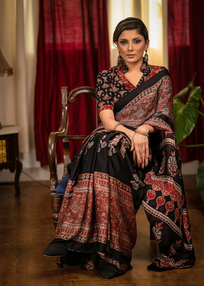 Ajrakh Modal Silk Hand Block Printed Saree - Deep Black + Madder Red
